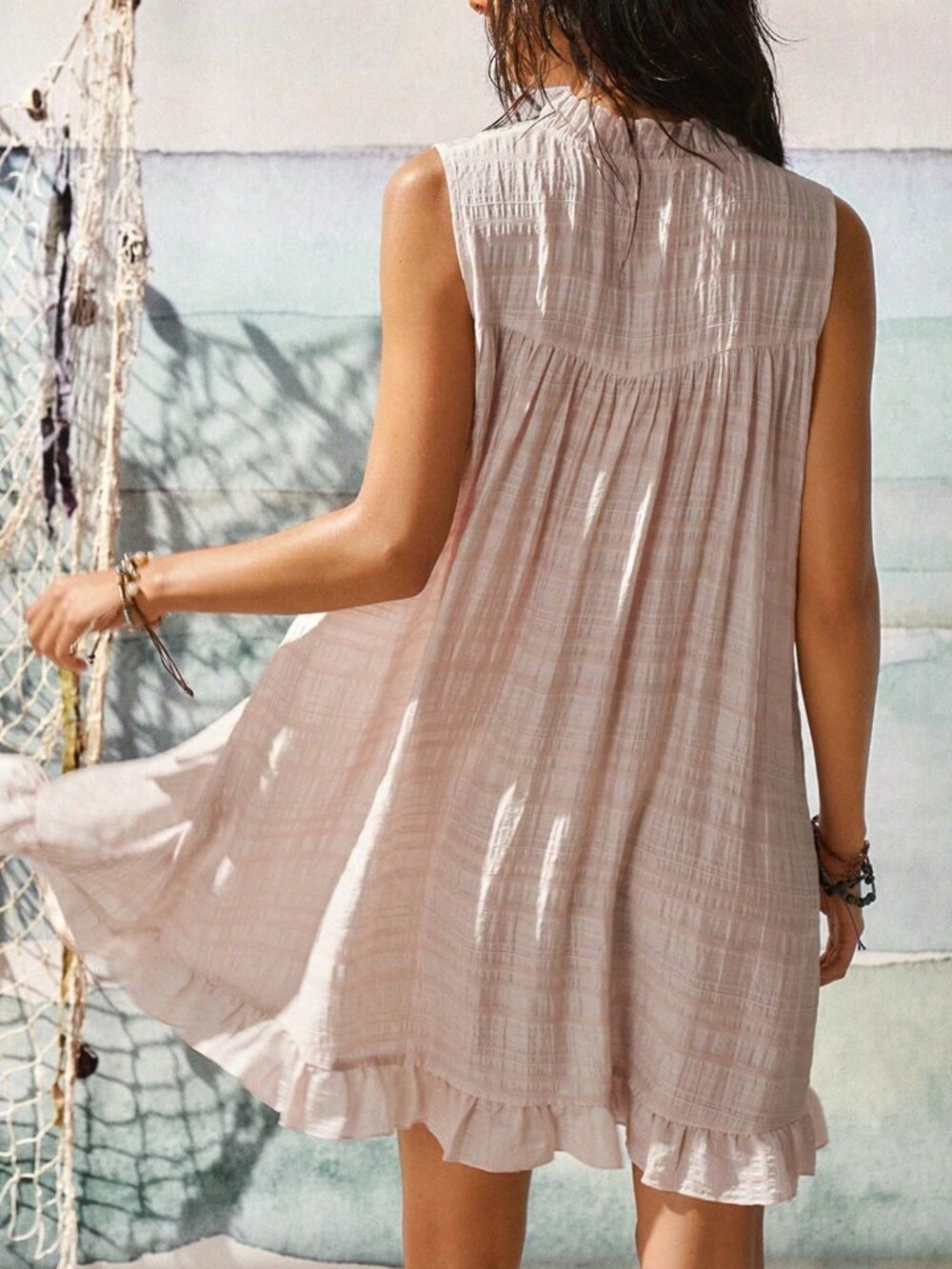 Baby Pink Boho Women'sV-Neck Tie Floral Lace Patchwork Ruffle Hem Mini Dress - Picture 2 of 6